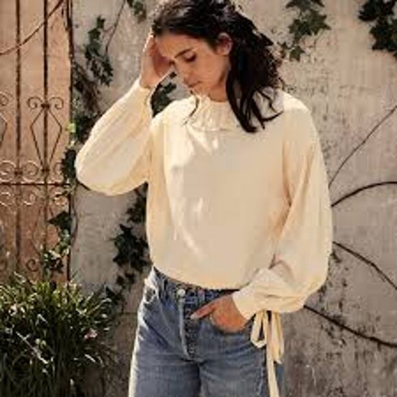 Doen Silk Crysanthe Waist Tie Top Cream Ruffle Collar Cottagecore Fairy Whimsy - Picture 1 of 7